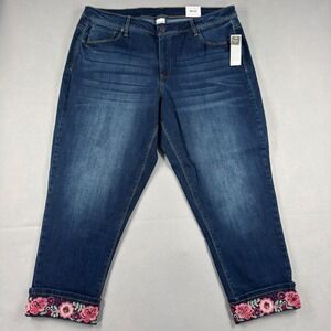 Terra & Sky Slim Boyfriend Crop Jeans 18W Dark Wash Floral Embroidered Cuffed